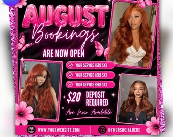 August Booking Flyer Template, Beauty Business, Editable Canva Design, DIY text, Instant Download