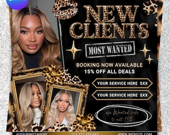 New Client Wanted Beauty Flyer | Book Now Promo Template | Hair Lash Nail Braids MUA Wig Editable Canva Design