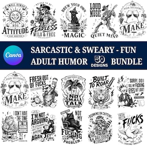 以下が含まれることがあります： スケルトン、動物、そして「Small Human Big Attitude」、「Fresh Out Of Fucks」、「Running On Caffeine」などのユーモラスなテキストを含む、50種類の白黒グラフィックデザインのデジタルコレクション。大人向けのユーモアデザイン。