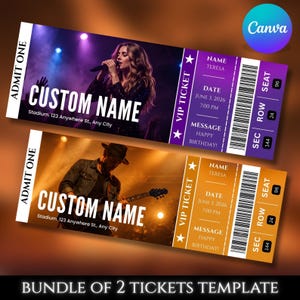 May include: Two rectangular VIP ticket templates featuring concert imagery. The top ticket is purple with a singer, the bottom is orange with a guitarist. Both include text fields for custom name, date June 3, 2026, 7:00 PM, message Happy Birthday, and seat details.