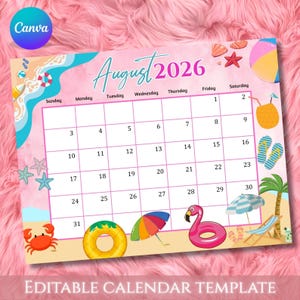 May include: A printable August 2026 calendar page featuring a beach theme with illustrations of a crab, a pineapple-shaped float, a colorful umbrella, a pink flamingo pool float, a palm tree, a beach chair, flip-flops, and starfish.