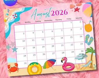 Editable August 2026 Calendar PDF, Printable August Planner, Canva Calendar Template, Monthly Calendar, DIY text, Instant download