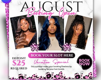 August Booking Flyer Template, August Books Open Flyer, Editable Canva Hair Flyer, Beauty Salon Promotion, DIY text, Instant download