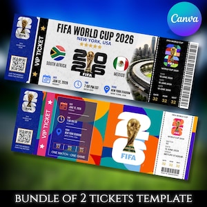 以下が含まれることがあります： 2026年FIFAワールドカップのVIPチケットテンプレート2枚。上のチケットは白地で、FIFAトロフィー、南アフリカとメキシコの国旗、ニューヨークのスタジアム情報が記載されています。下のチケットはカラフルな幾何学模様のデザインです。