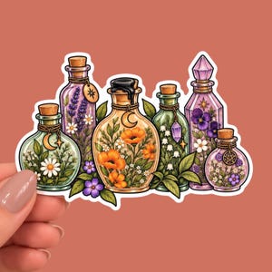 May include: A die-cut sticker featuring six glass bottles of varying shapes and sizes, each filled with colorful botanical elements like daisies, poppies, lavender, and lily of the valley, accented with small charms like moons and stars.