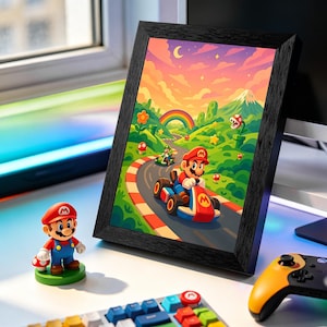 Mario Kart Sunset Mountain Race Canvas Print | Luigi Kart Track Kids Room Wall Art