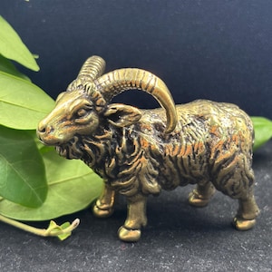 May include: A small, detailed brass figurine of a ram with curved horns. The ram has a textured coat and is standing on four legs. The figurine is a warm gold color and is set against a dark background with green leaves.