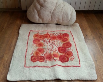 Final SALE - Felt Art Carpet, Rug for wall or floor - Red Flowers Garden - handmade - wool, creamy white, red roses - Meditation carpet