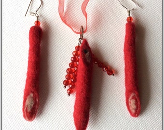SALE - Felt jewelry, RED & GRAY, long earrings and pendant, merino wool, red Czech glass beads, spirals, organza ribbon, jewelry set