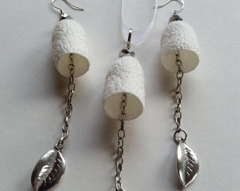 SALE - white jewelry set - pendant and long earrings - metal chains and leaves, dangle drop, natural white - silk cocoons jewelry