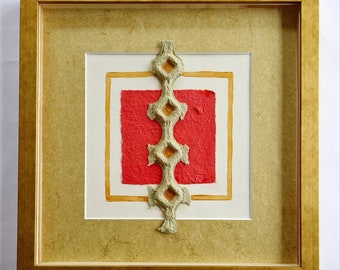 SALE - The Four Creative Elements - Gold Chain, original picture, abstract art, piece of handmade paper and cardboard, framed, red, golden
