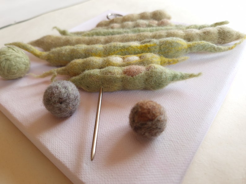 Genetics art textile 3-D picture collage of handmade felt bean pods on a skewer wool, metal, canvas on wooden subframe image 7