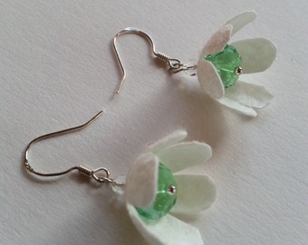 silver sterling hooks earrings natural silk cocoons green crystals white flowers braid SALE Earrings Daisies green handmade white