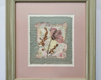 SALE - A memory - original picture, collage, piece of handmade paper and cardboard, framed, green, white, yellow, pink, flower, textile art