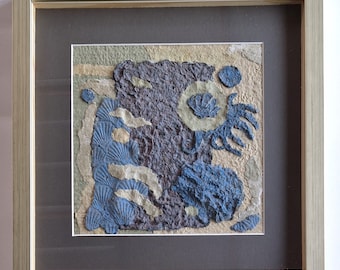 SALE - Spaces - original picture, piece of handmade paper and cardboard, framed, blue, green, beige, purple