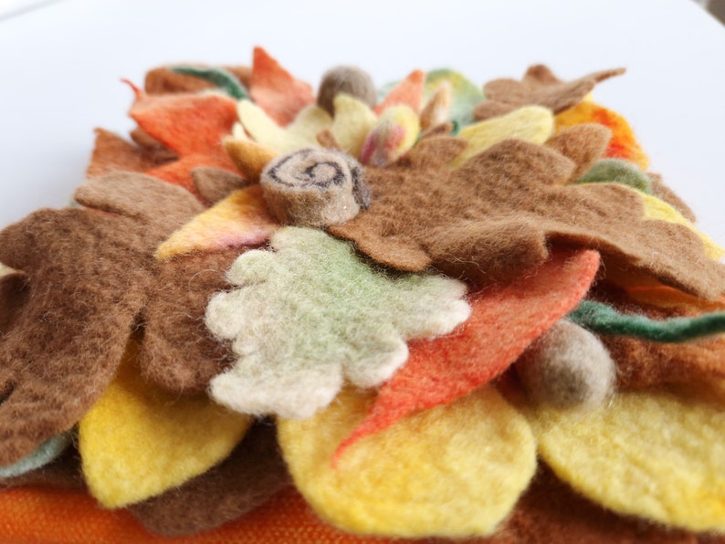 On Earth art textile 3-D picture collage of handmade felt Autumn leaves and fruits on the ground wool, canvas on wooden underframe image 3