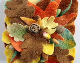 On Earth - art textile 3-D picture collage of handmade felt - Autumn leaves and fruits on the ground - wool, canvas on wooden underframe