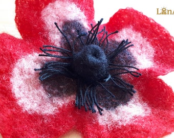 Red Poppy - delicate felted flower brooch and hair clip of fine merino wool in red, white and black, cotton stamens, handmade woolen felt