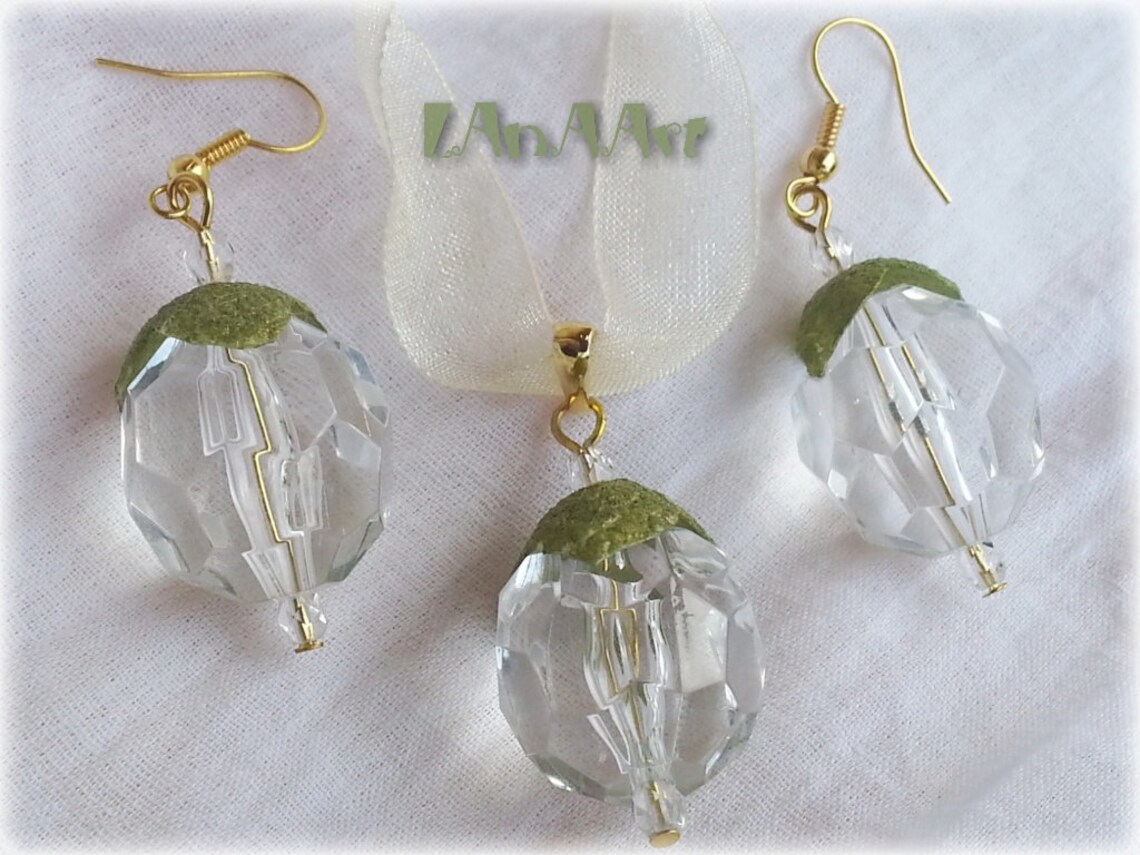 SALE Jewelry Set Pendant and Earrings Green Colored Etsy