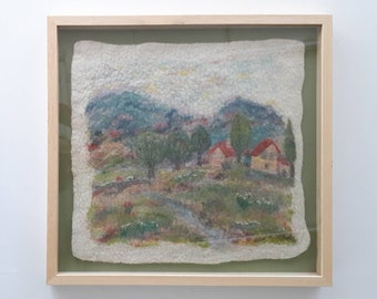 Felt Art picture, High Blue Mountains, Nostalgia, mountain landscape, houses, trees, river, childhood memory, original, wool painting