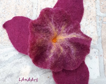 SALE - Brooch flower, Violet Petunia, fine felted brooch pin hairclip, merino wool, handmade woolfelt, gift for her, hat scarf clothes decor