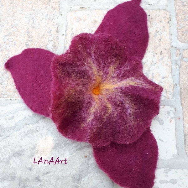 SALE - Brooch flower, Violet Petunia, fine felted brooch pin hairclip, merino wool, handmade woolfelt, gift for her, hat scarf clothes decor