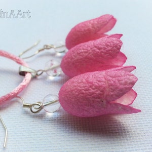PINK BELLFLOWERS pendant silver sterling wire hooks earrings Jewelry set mountain crystals and pink painted silk coccons