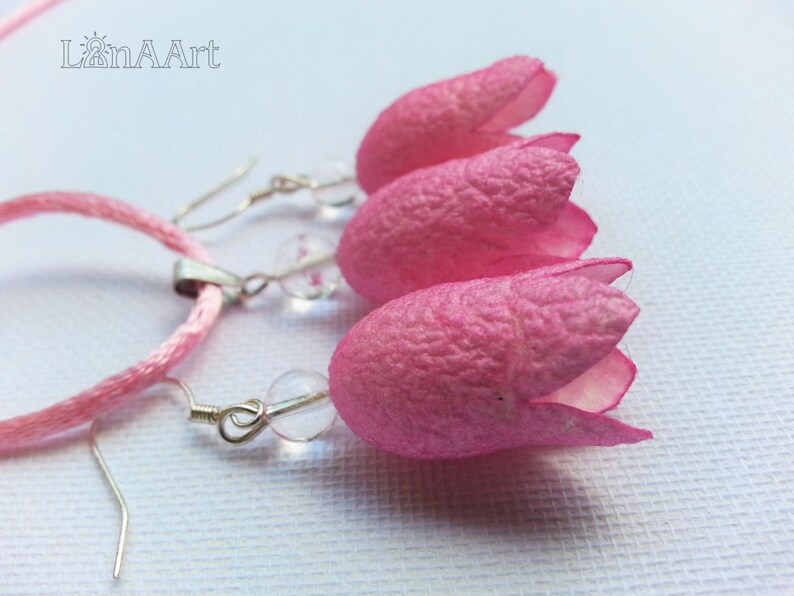PINK BELLFLOWERS pendant silver sterling wire hooks earrings Jewelry set mountain crystals and pink painted silk coccons