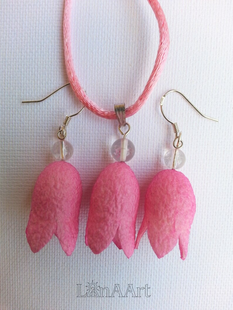PINK BELLFLOWERS pendant silver sterling wire hooks earrings Jewelry set mountain crystals and pink painted silk coccons