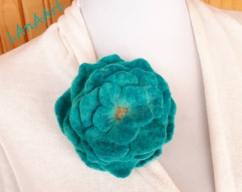 Brooch - emerald blue-green Rose - felted flower pin - merino wool felt, handmade, adornment for clothes, hat, hair, dress, coat, scarf