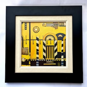 VENTA- Casa amarilla - el depósito de la mente, arte abstracto, cuadro original, contemporáneo, collage, cartón, gouache, amarillo negro, enmarcado
