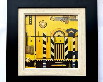 SALE- Yellow house - the repository of mind, abstract art, original picture, contemporary, collage, cardboard, gouache, black yellow, framed