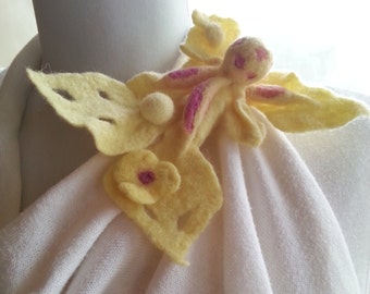 SALE - Scarf Brooch - Vest brooch pin - Yellow Fairy of flowers, handmade felt, felted fastener, lemon yellow, pink, shibori, unique, OOAK