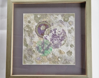 SALE - Trinity world - original picture, collage, piece of handmade paper and cardboard, framed, green, white, beige, purple, abstract art