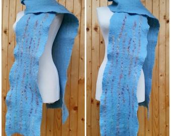 Sky blue felted shawl, belt, long scarf - merino wool, fancy yarn - handmade wool felt -