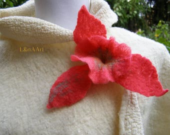 SALE - Brooch flower, Coral Red Petunia, fine felted brooch pin hairclip, merino wool, handmade, gift for her, hat scarf clothes adornment