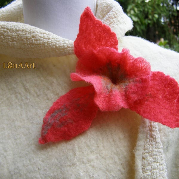 SALE - Brooch flower, Coral Red Petunia, fine felted brooch pin hairclip, merino wool, handmade, gift for her, hat scarf clothes adornment