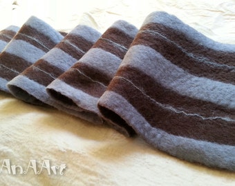 SALE - Men felted scarf - chocolate brown, gray stripes, handmade felt, merino wool, men's style, men's fashion, long shawl