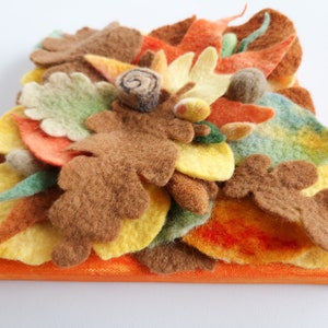 On Earth art textile 3-D picture collage of handmade felt Autumn leaves and fruits on the ground wool, canvas on wooden underframe image 4