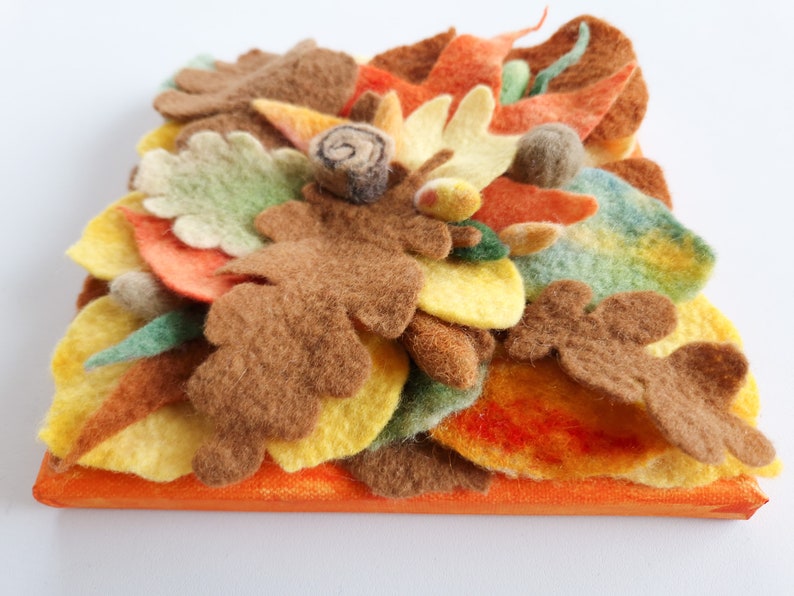 On Earth art textile 3-D picture collage of handmade felt Autumn leaves and fruits on the ground wool, canvas on wooden underframe image 4