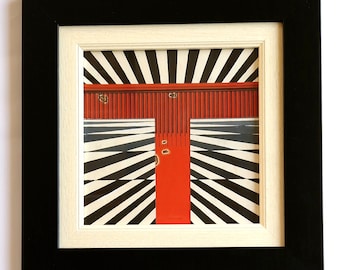 SALE - T as Tau - symbol of Resurrection - original picture, collage, tempera, cardboard, framed piece in black, white and red