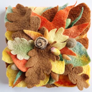 On Earth art textile 3-D picture collage of handmade felt Autumn leaves and fruits on the ground wool, canvas on wooden underframe image 2