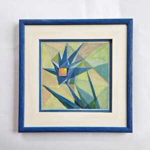 VENTA- La Flor de Piedra - arte abstracto, cuadro original, acuarela, gouache, barniz acrílico, cartón, enmarcado, Flor Azul de Fuego y Hielo