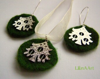 Jewelry set - Festive Green Winter Fir Trees - felted earrings and pendant - merino wool and metal parts, hand-made, one-of-a-kind