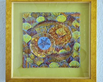 SALE - Water World - Life Creation - original picture, piece of handmade paper and cardboard, framed, blue, yellow, red, brown, orange