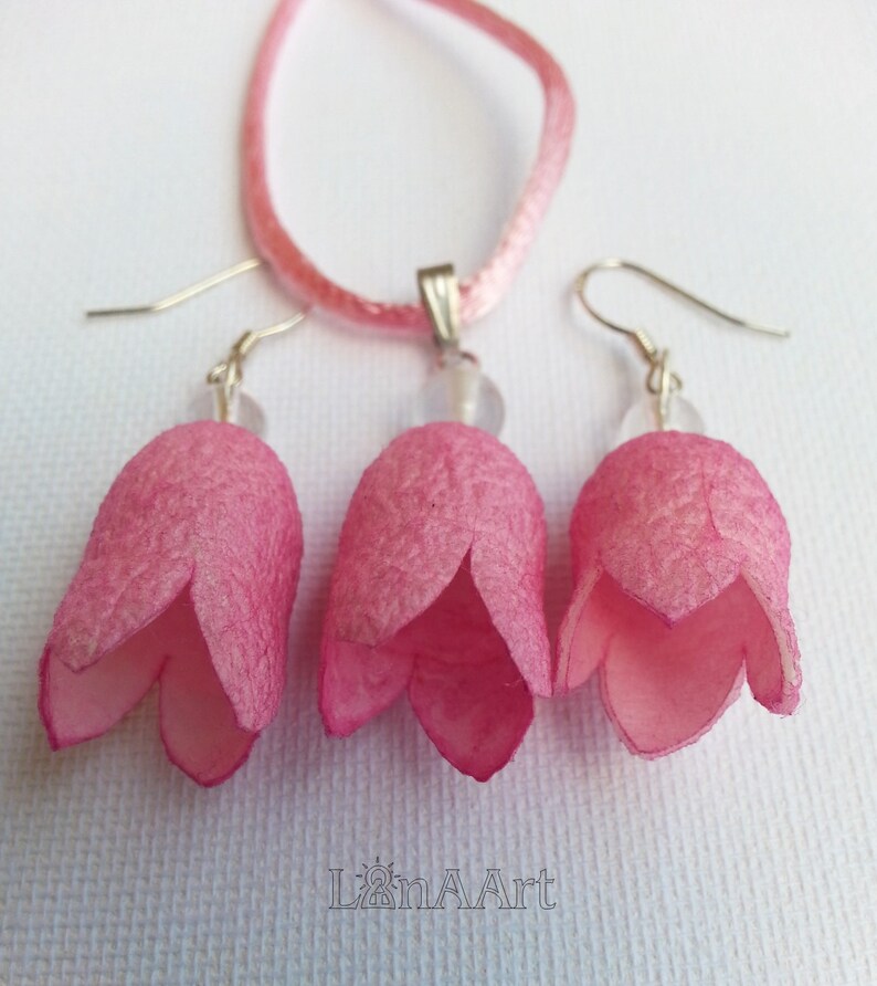 PINK BELLFLOWERS pendant silver sterling wire hooks earrings Jewelry set mountain crystals and pink painted silk coccons