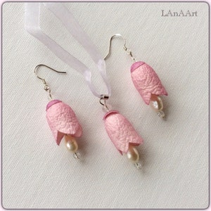 PINK BELLFLOWERS pendant silver sterling wire hooks earrings Jewelry set mountain crystals and pink painted silk coccons
