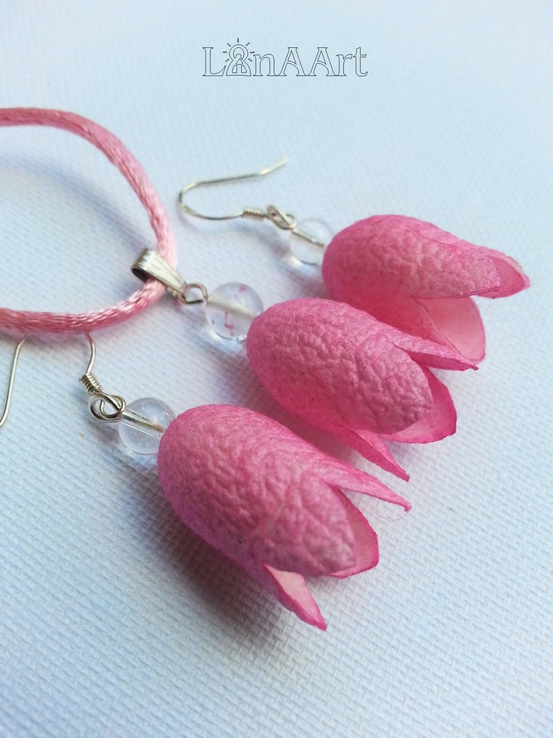 PINK BELLFLOWERS pendant silver sterling wire hooks earrings Jewelry set mountain crystals and pink painted silk coccons