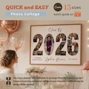 以下が含まれることがあります： 「Class Of 2026」の文字と卒業生のSophia Brownの名前が入った、額縁付きの写真コラージュ。コラージュには数字の中に複数の写真が含まれています。上部のテキストは「Quick and Easy Photo Collage」と書かれています。