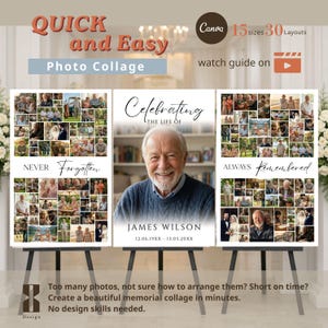 以下が含まれることがあります： 「Quick and Easy Photo Collage」のテキストが入った記念写真コラージュディスプレイ。中央のパネルには、12.06.19XX - 13.03.20XXの日付が入ったジェームズ・ウィルソンの肖像画が描かれています。サイドパネルには「Never Forgotten」と「Always Remembered」と書かれています。